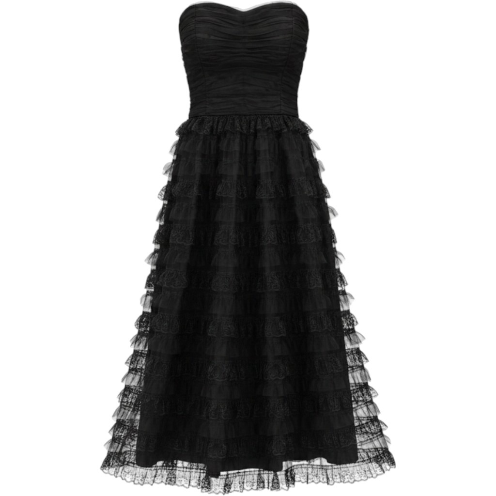 Lulus Immensely Exquisite Black Tulle Strapless Tiered Midi Dress Size L